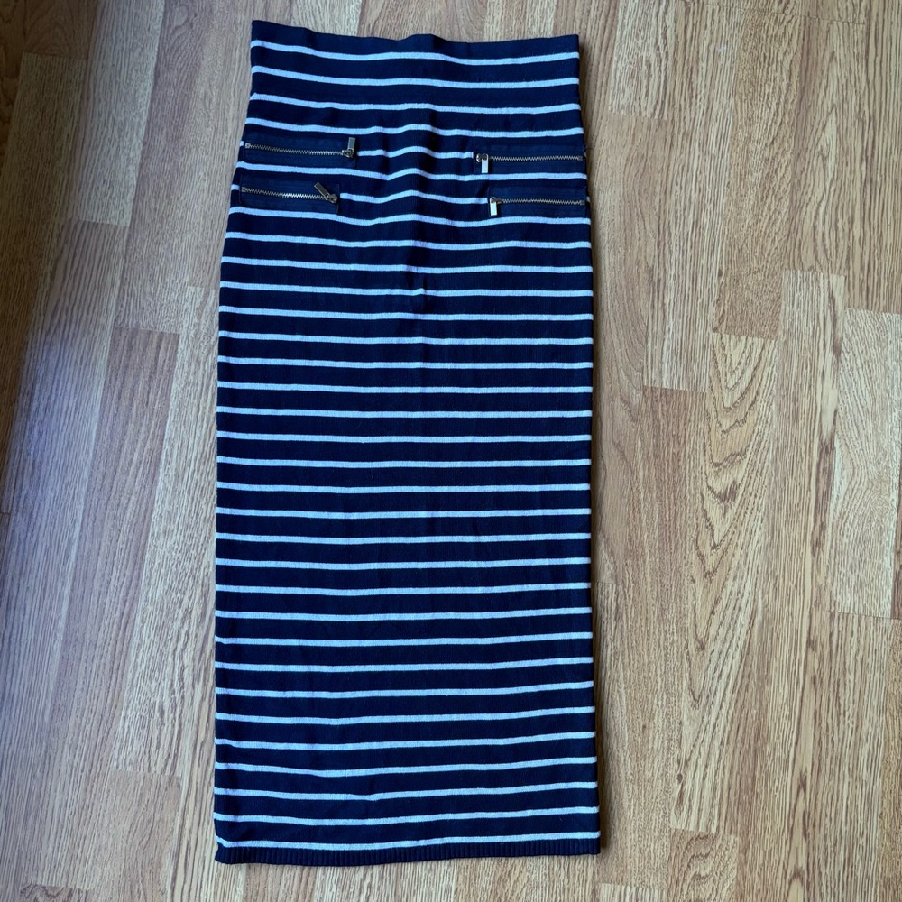Cache striped navy blue white nautical midi pencil skirt gold zippers Y2K Sz S